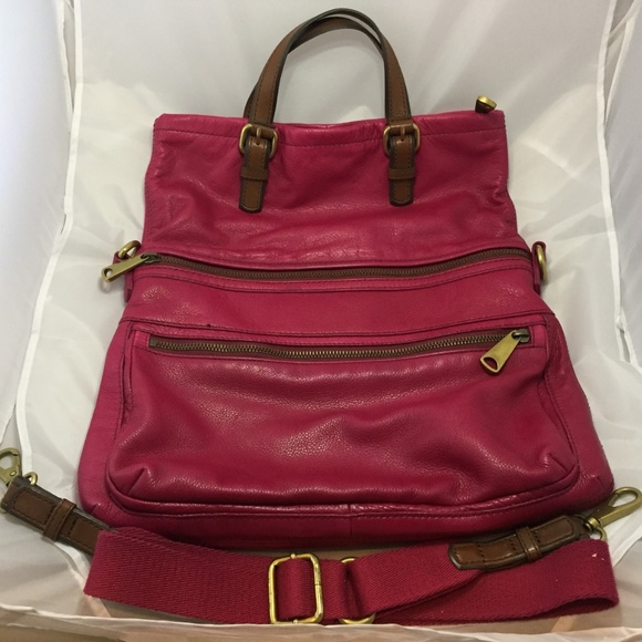 large pink leather Fossil Explorer tote - Picture 1 of 8